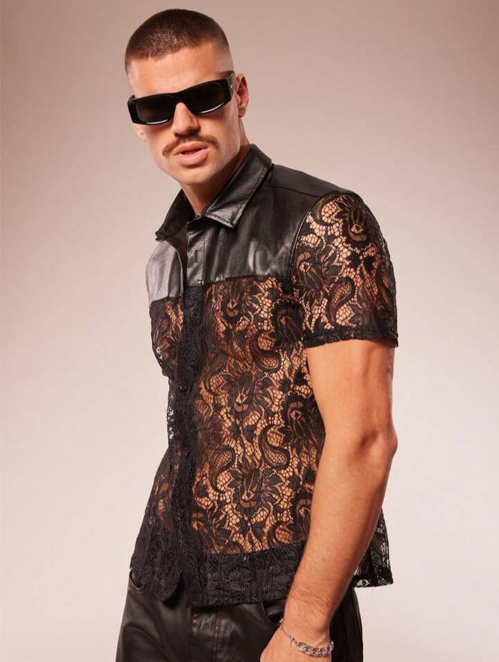 Men's Lace Patchwork Polo Collar Shirt